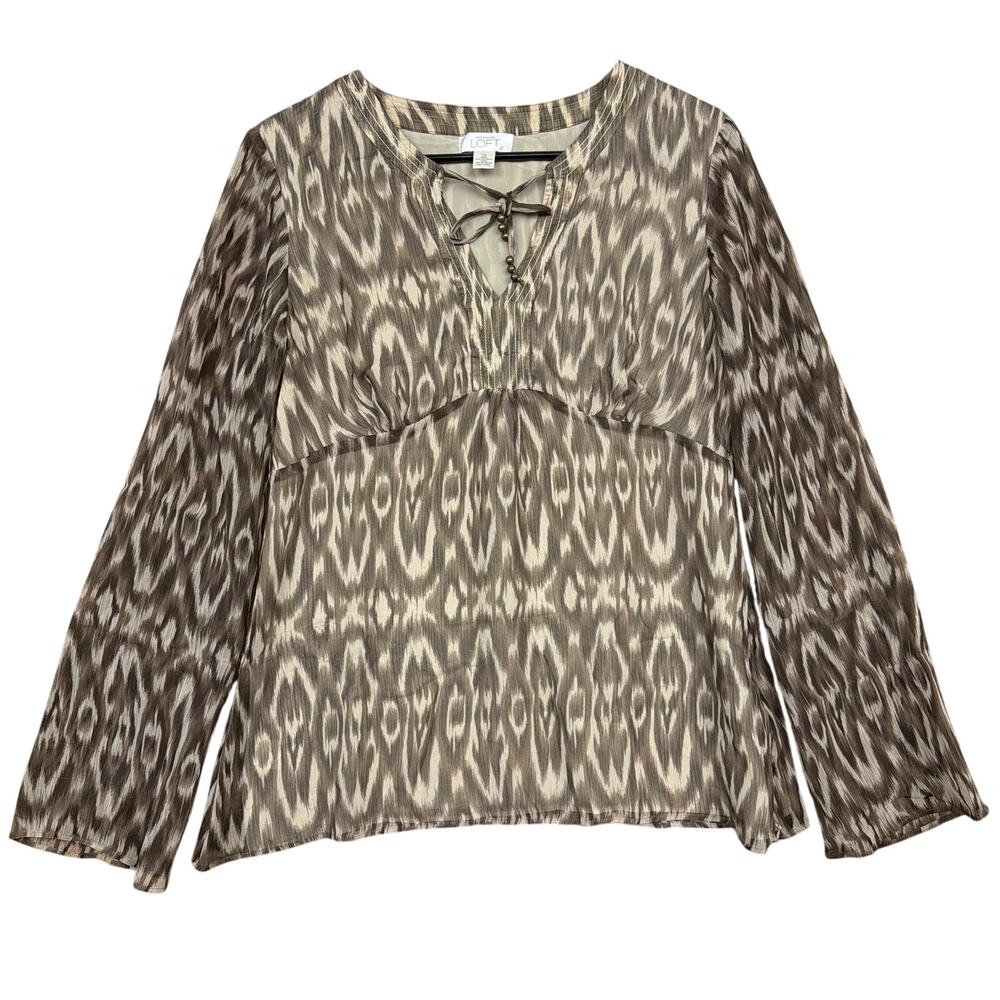 Ann Taylor LOFT Womens Blouse Brown Tan Lined Sheer V Neck Long Sleeve 10
